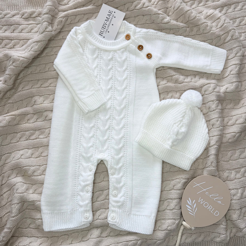 White Cable Knitted Romper & Matching Hat - Unisex