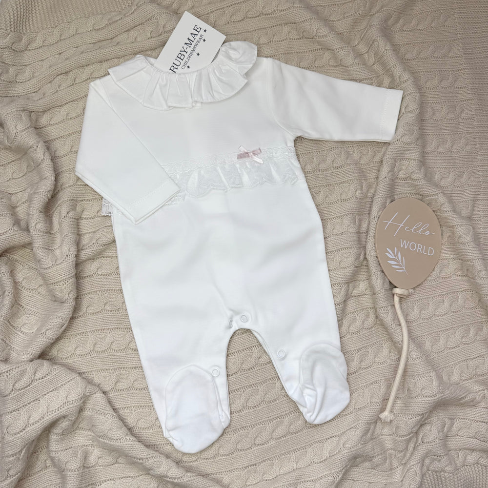 White With Pink Frill Babygrow - Polly