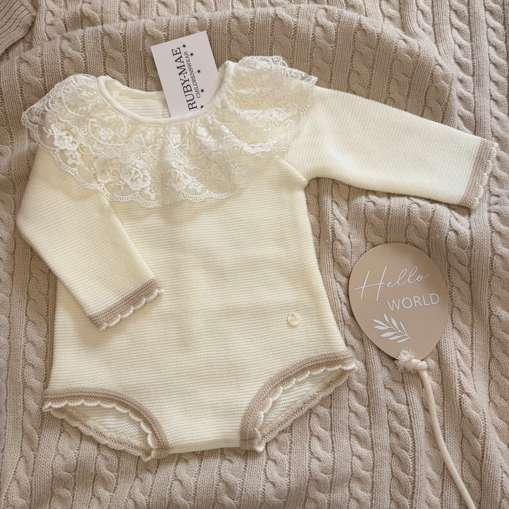 Cream Lace Knitted Frill Neck Romper - Iris