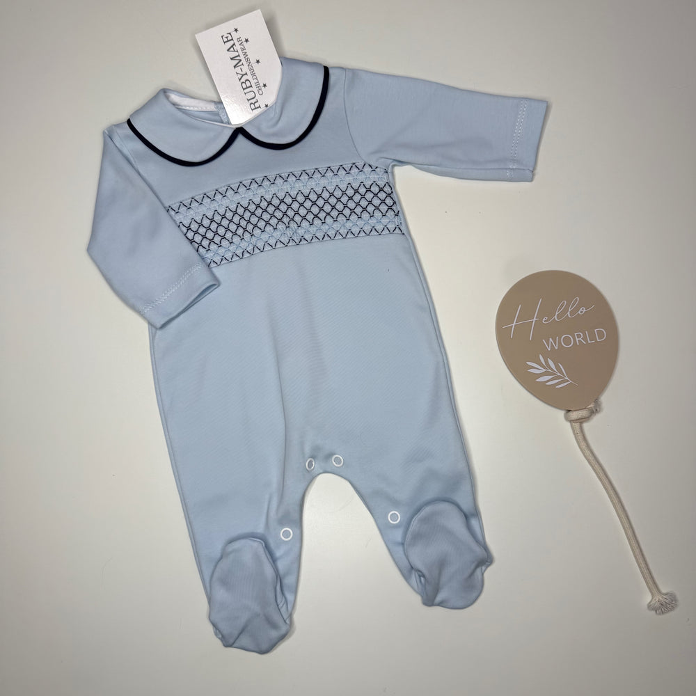 Blue & Navy Smock All In One Babygrow