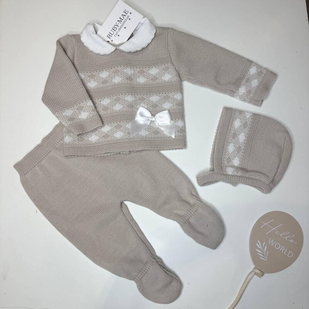 Taupe Knitted Diamond Jumper & Pants Outfit With Matching Hat - Amelia
