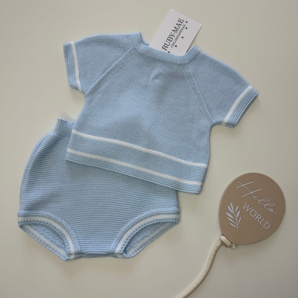 Blue With White Knitted Top & Shorts Outfit - Roman