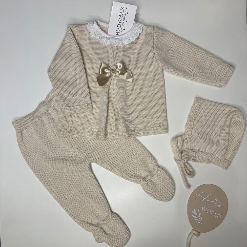 Beige Knitted Frill Neck Jumper & Pants Outfit With Matching Hat - Tia
