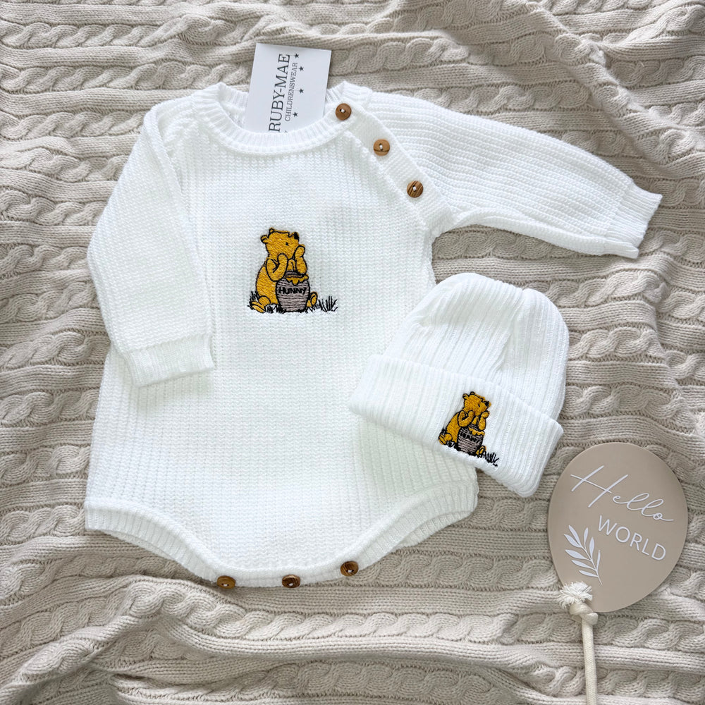 White Knitted Bear Romper & Matching Hat - UNISEX