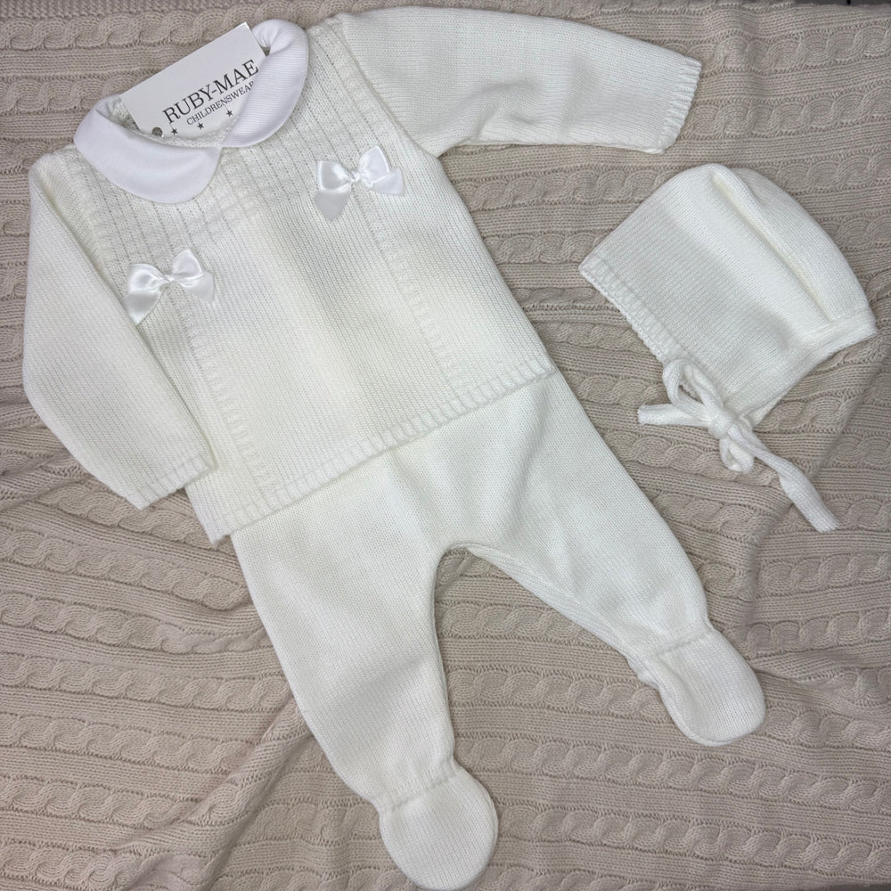 White Knitted Bow Jumper & Pants Outfit With Matching Hat - Penelope
