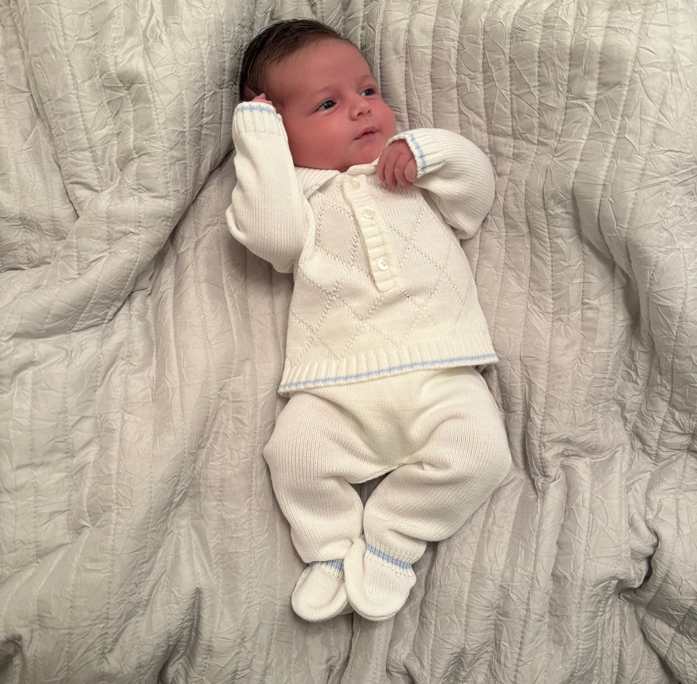 White With Blue Knitted Jumper & Pants Outfit - Mason