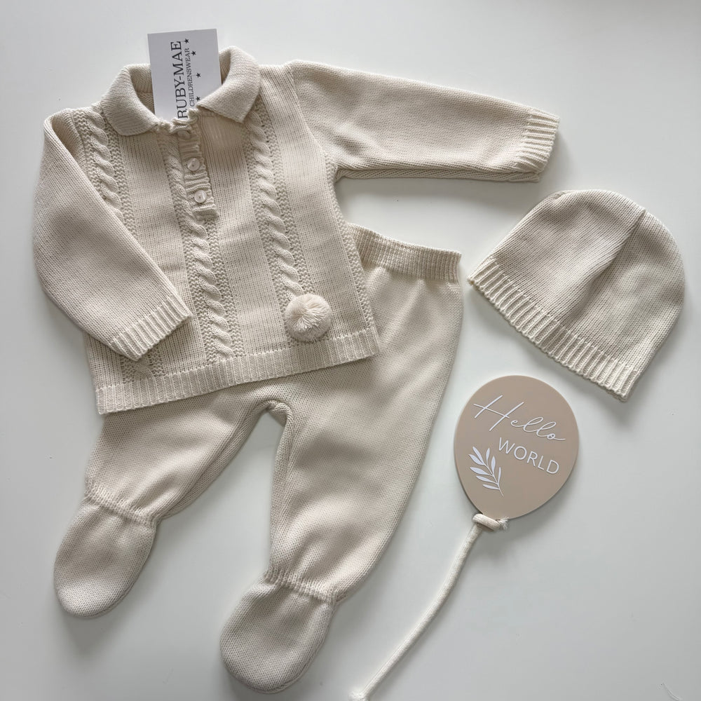 Beige With Pom Pom Jumper & Pants Outfit & Matching Hat - Arthur