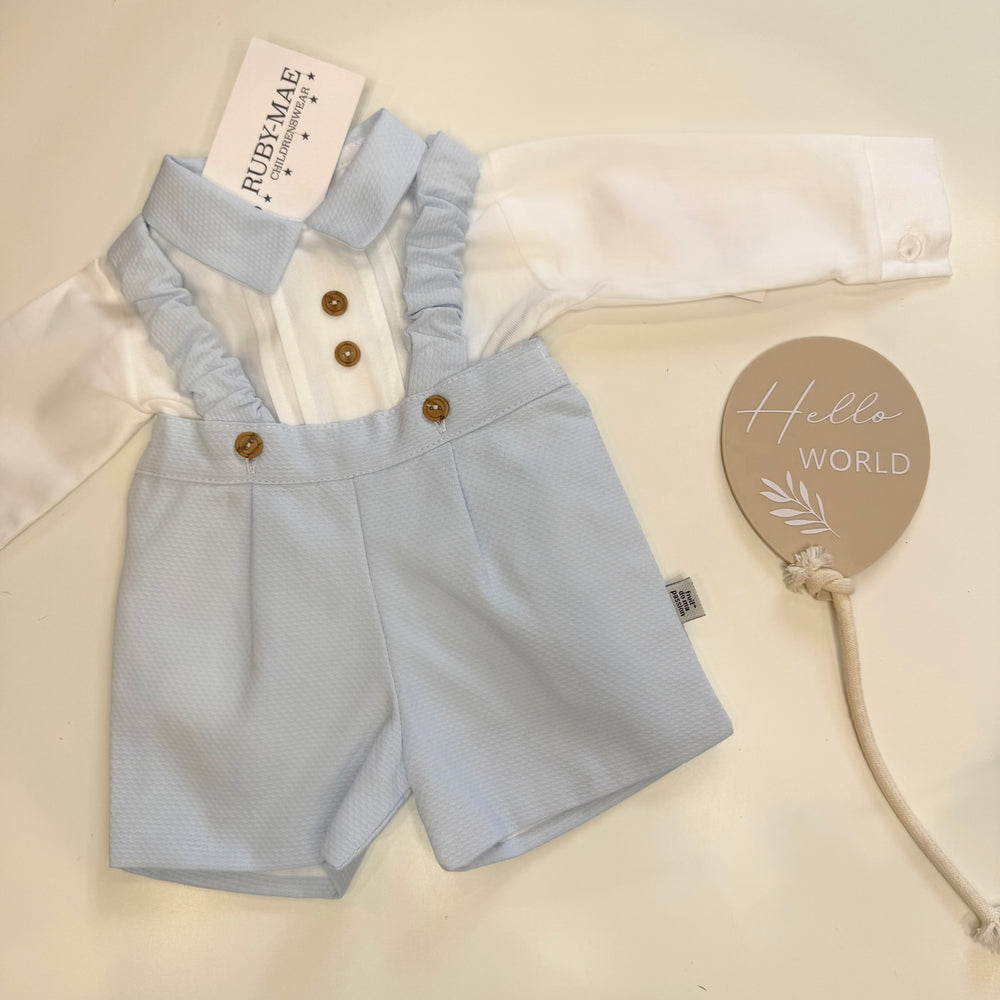 Blue Dungaree Shorts & Matching Long Sleeve White Shirt - Eddy
