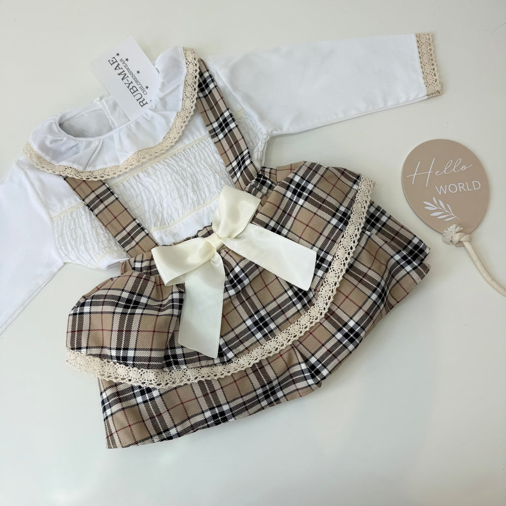 Beige Tartan Dungaree TuTu Skirt With Matching Blouse - Gabriella