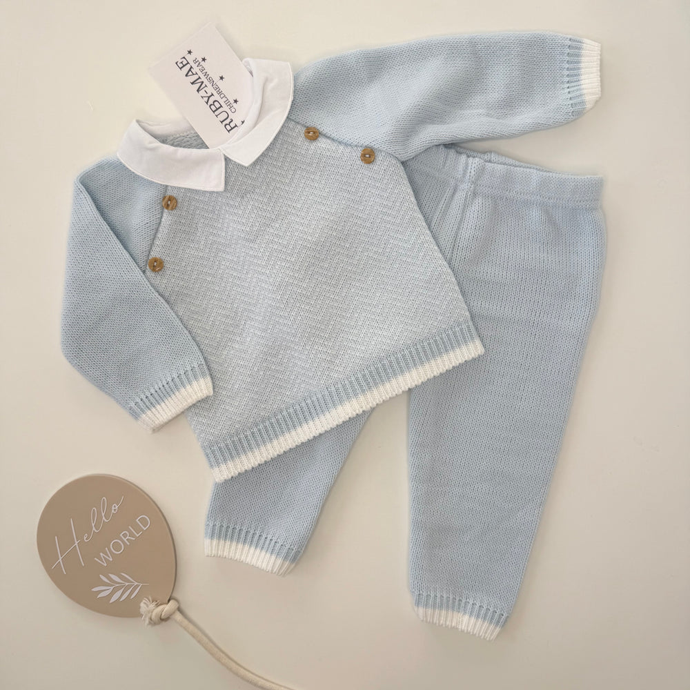 Blue With White Knitted Jumper And Pants Outfit - Arthur