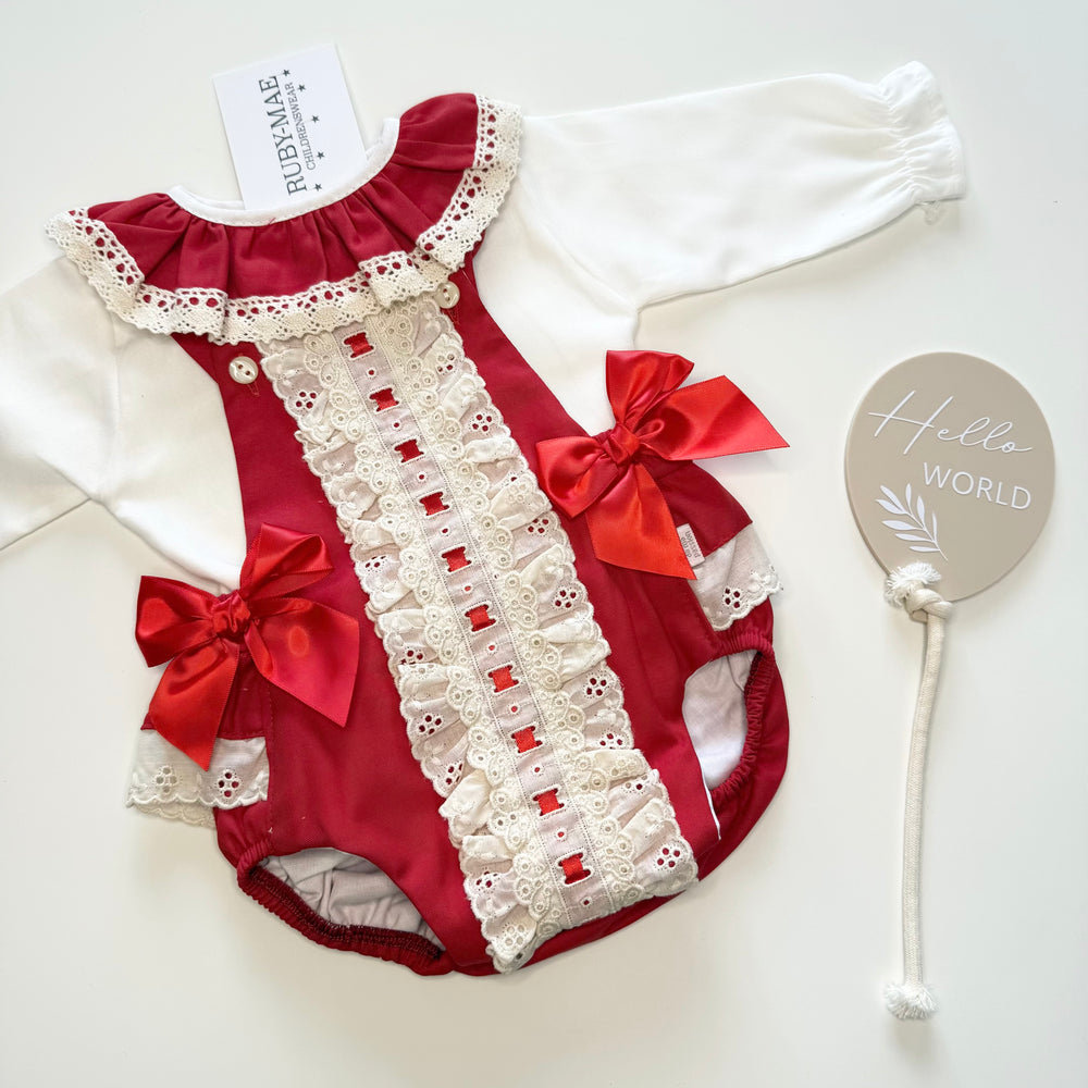 Red TuTu Romper With Cream Lace & Matching Blouse - Ariella