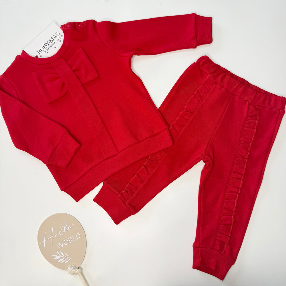 Red Bow Jumper & Frill Pants Outfit - Leah