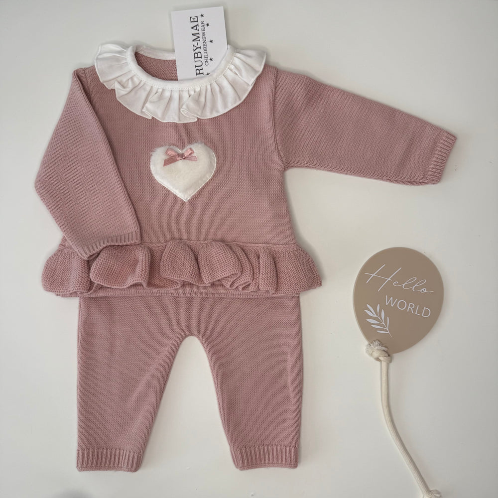 Dusky Pink Heart Knitted Jumper & Pants Outfit - PEX