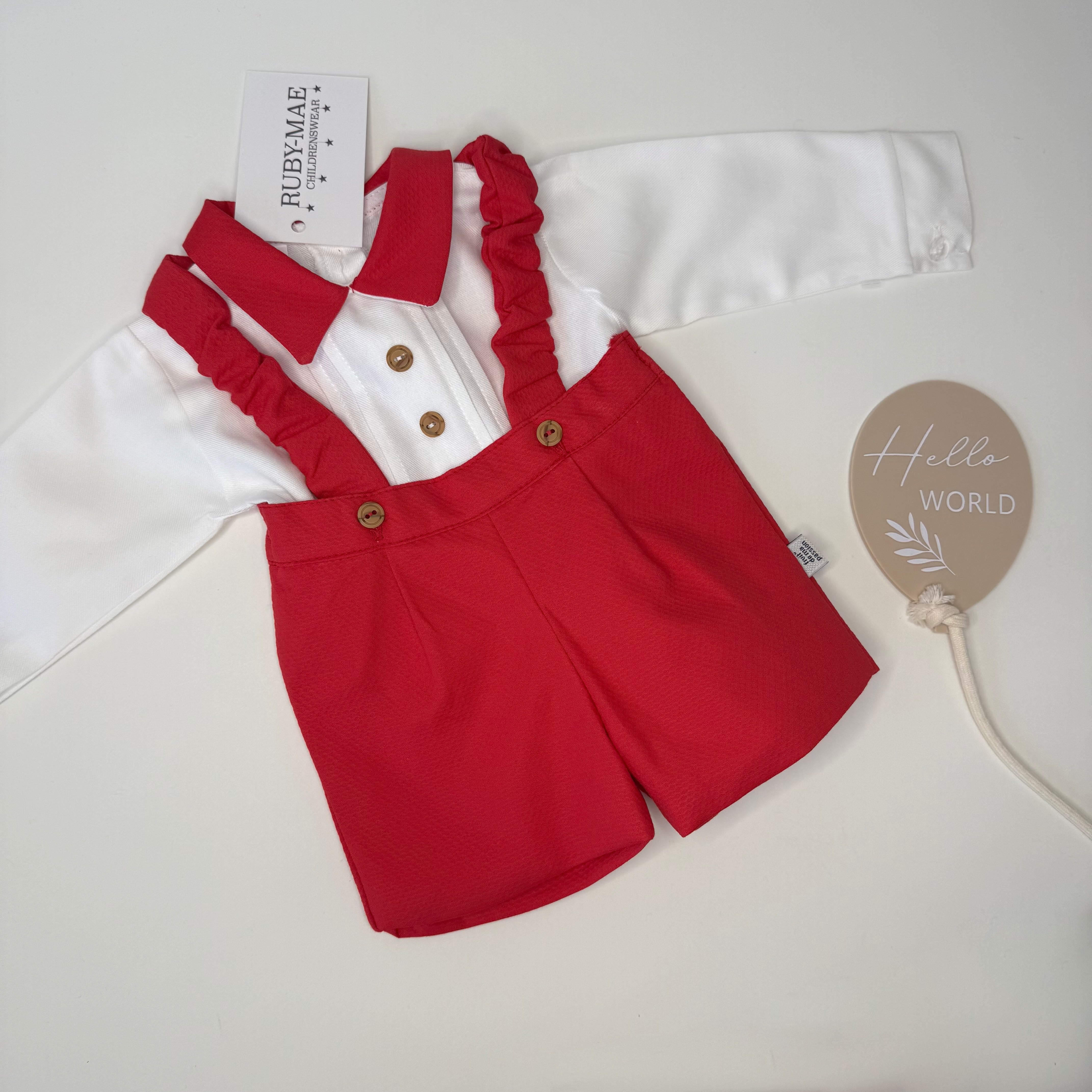 Red Dungaree Shorts & Matching Long Sleeve White Shirt - Eddy