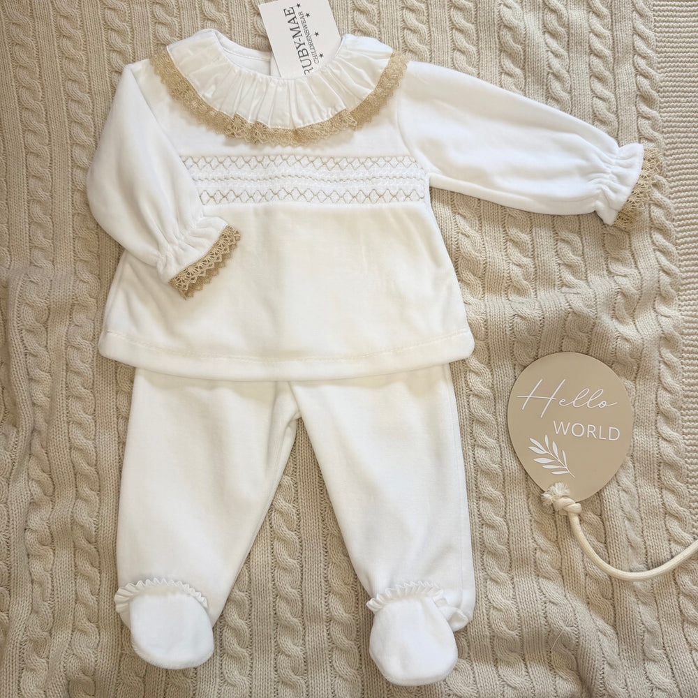 White With Beige Smock Velour Jumper & Pants Outfit - Freya
