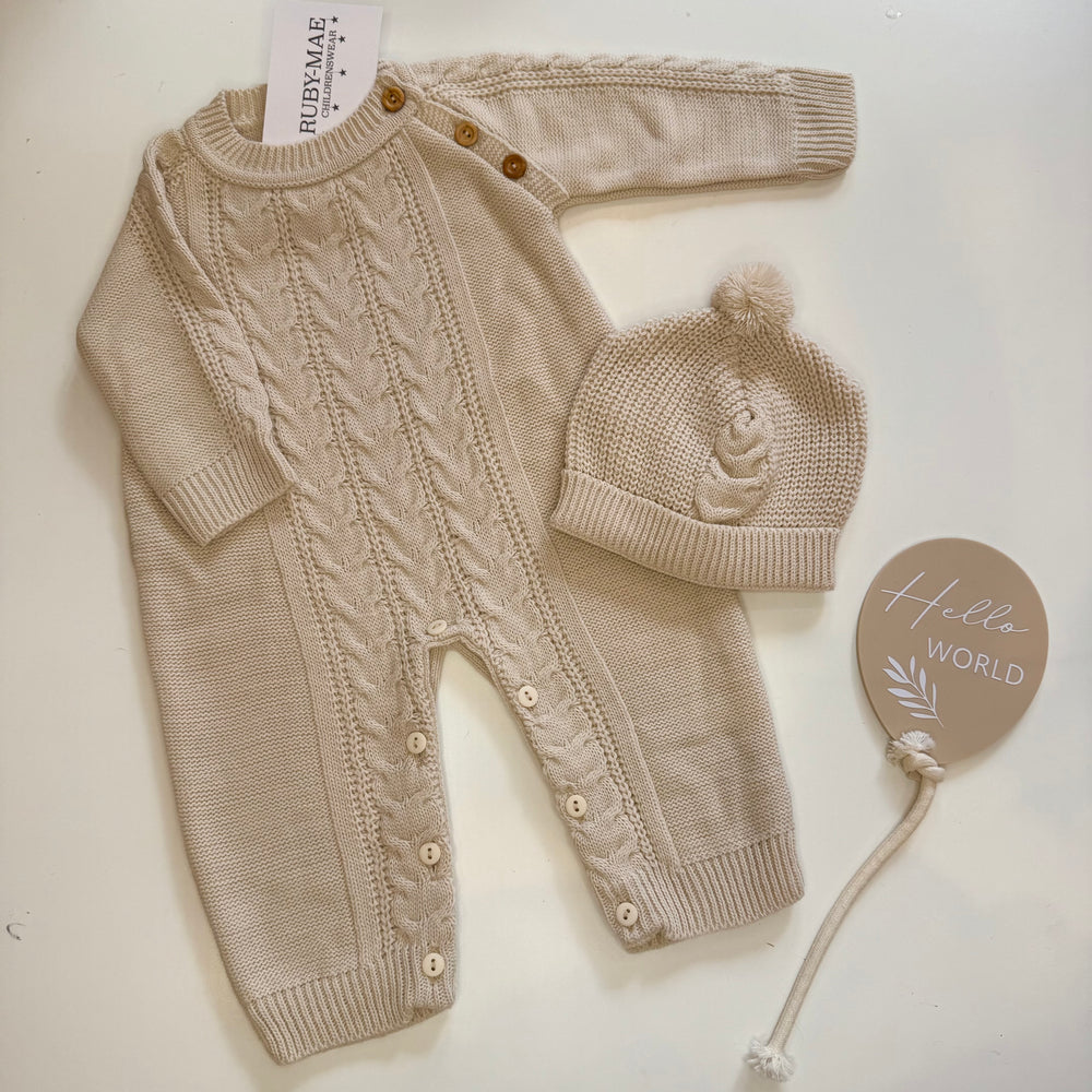 Camel Cable Knitted Romper & Matching Hat - Unisex