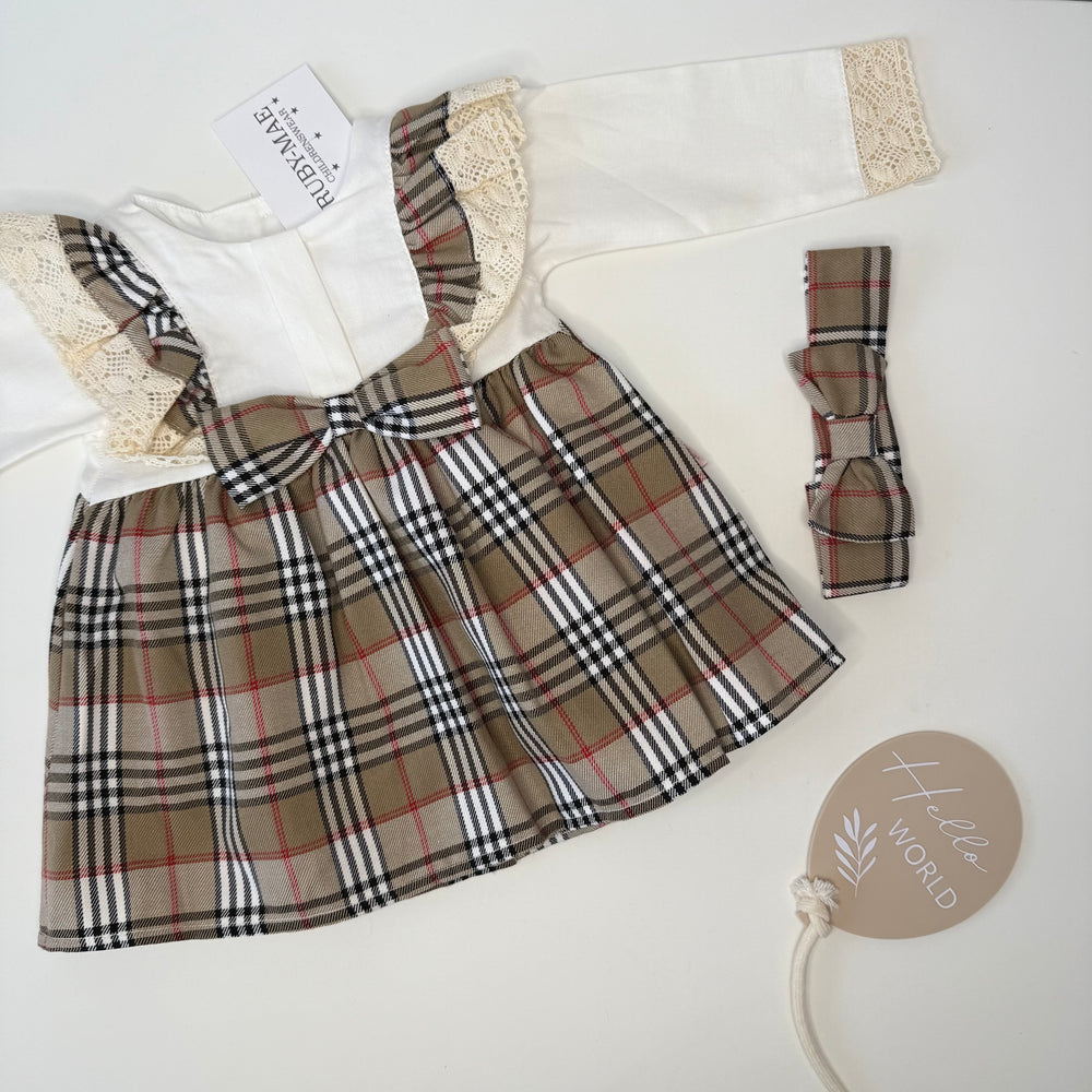 Beige Tartan Dress With Matching Headband - Effy