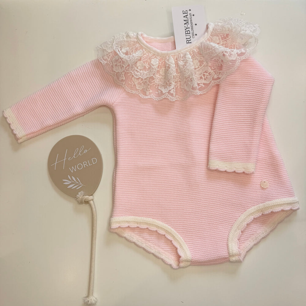 Pink Lace Knitted Frill Neck Romper - Iris