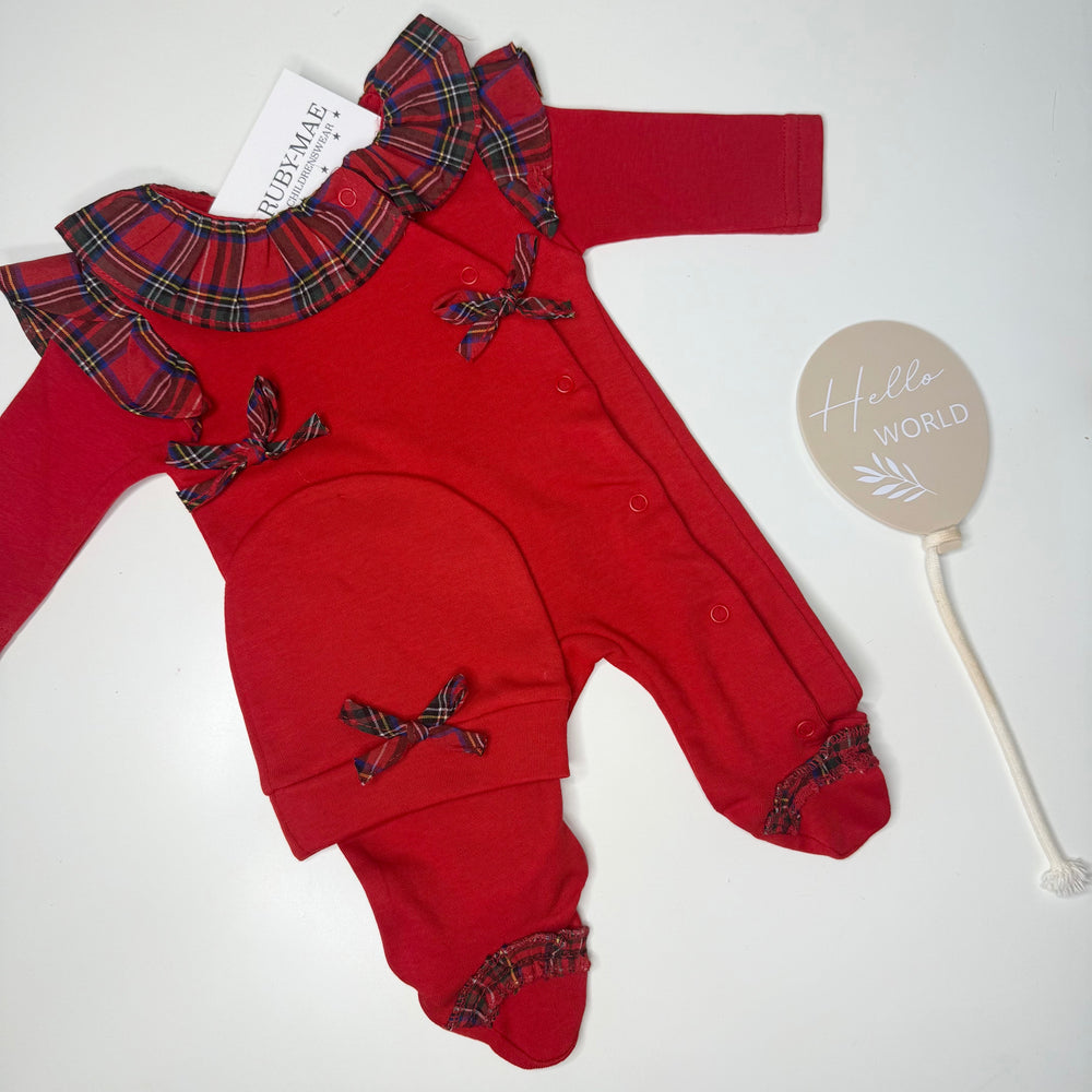 Red Bow Tartan Babygrow & Hat- Holly