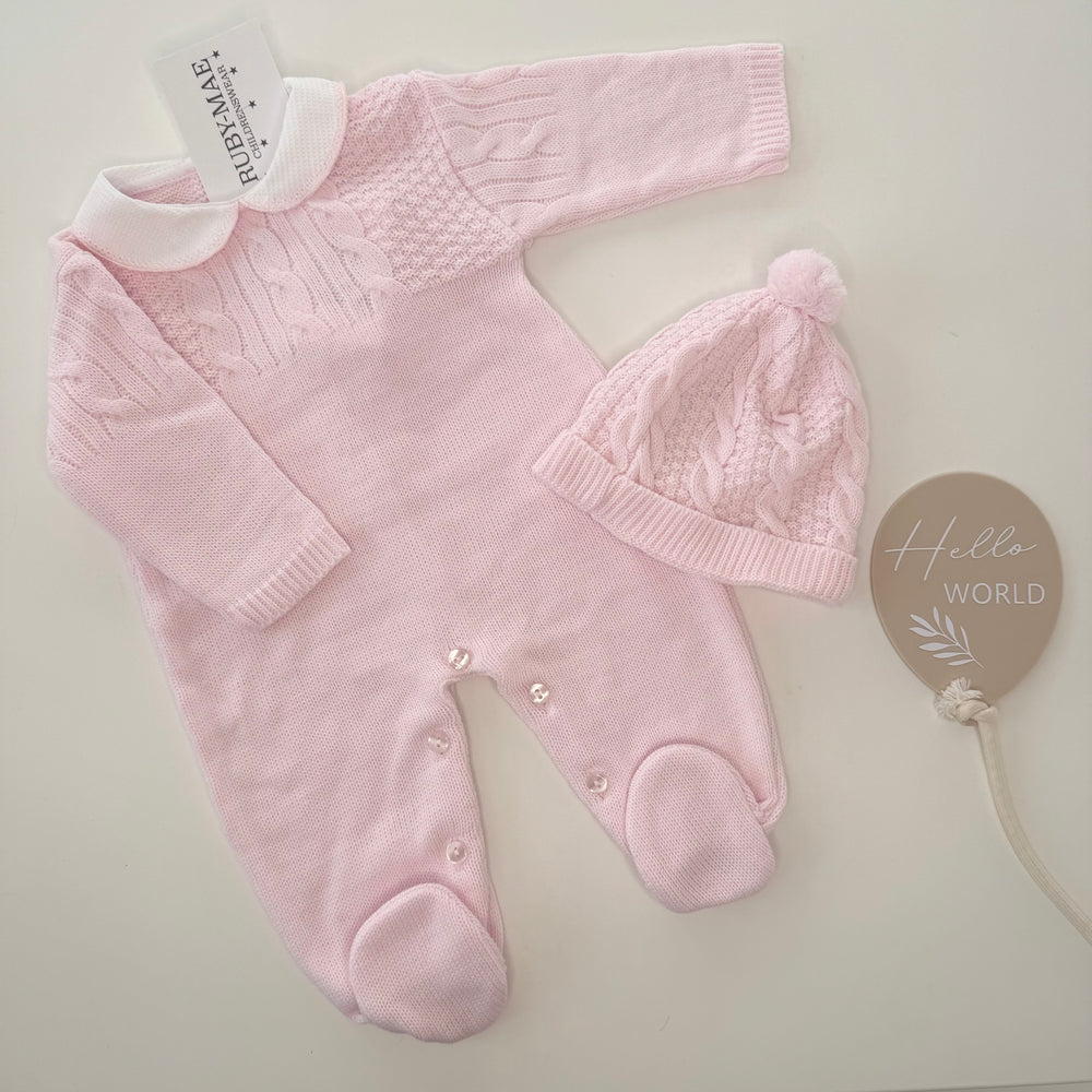 Pink Knitted Detail Knitted All In One With Matching Hat - Mila