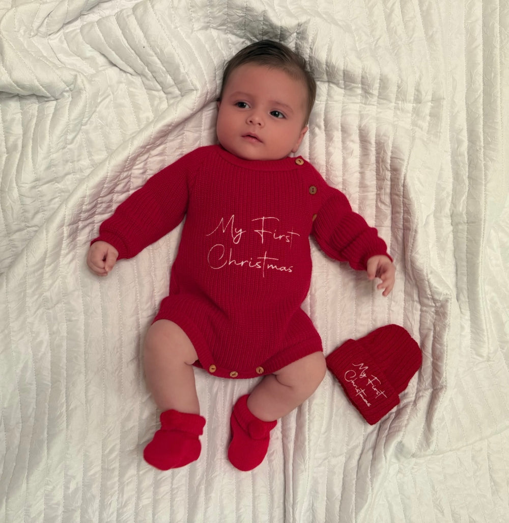 My First Christmas Red Knitted Romper & Matching Hat