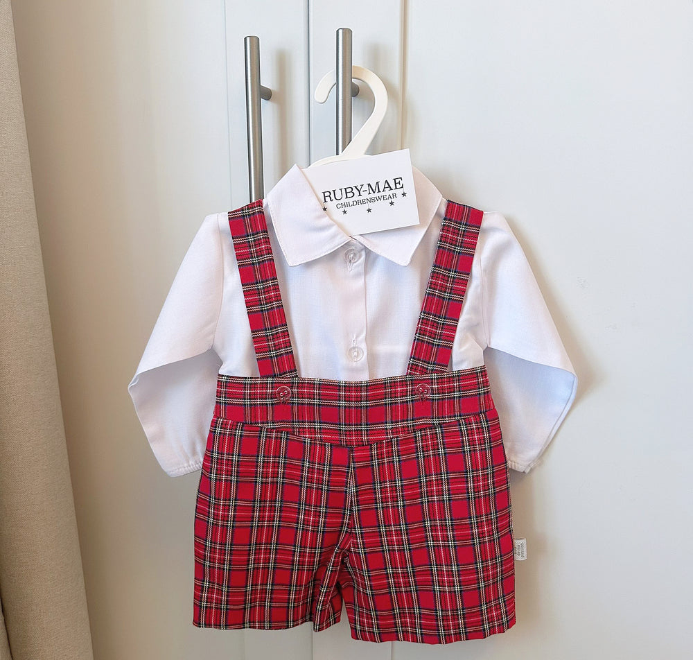 Red Tartan Dungaree Shorts & White Shirt Two Piece Outfit - Kendrick