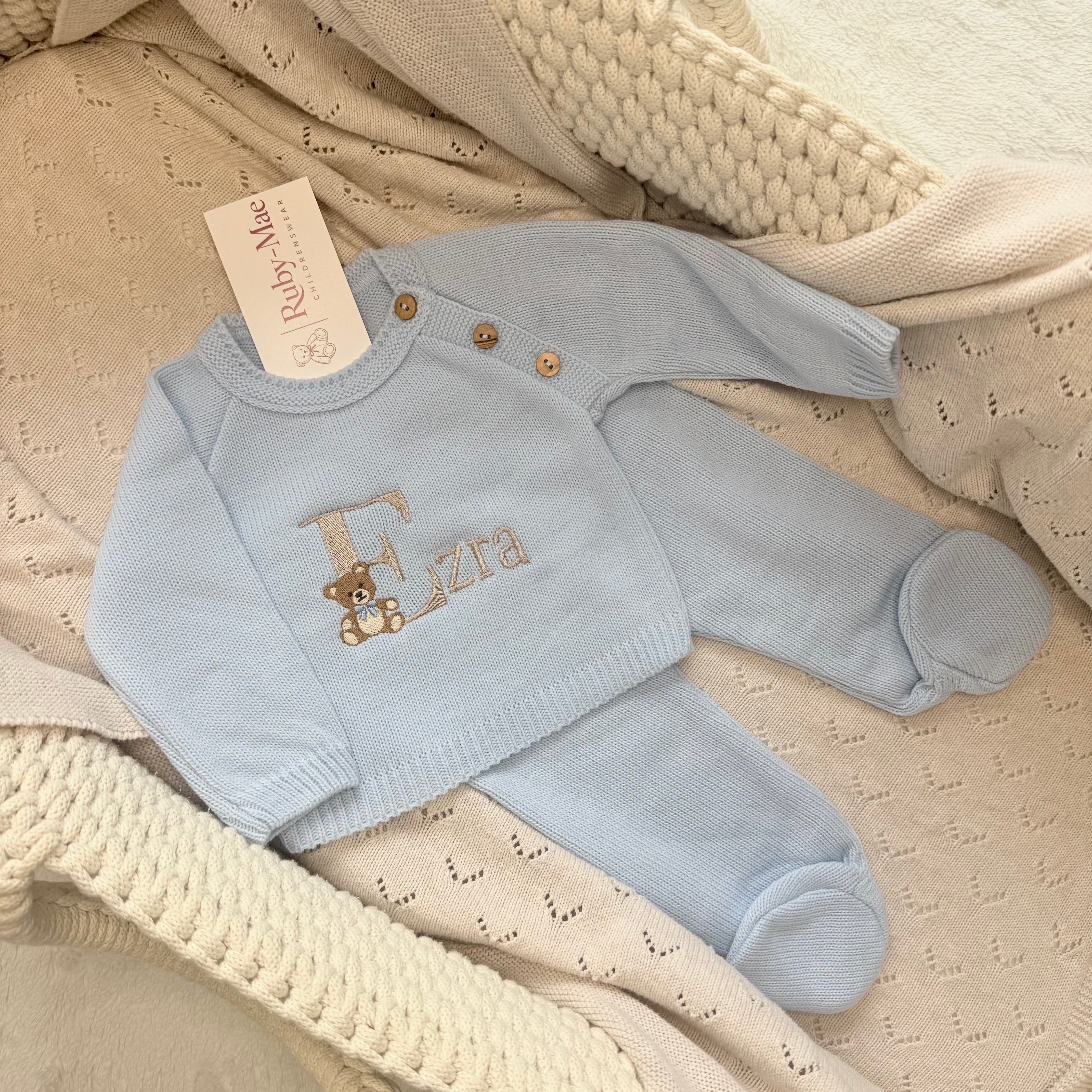
                  
                    Personalised Teddy Name Baby Blue Knitted Jumper & Pants Set
                  
                