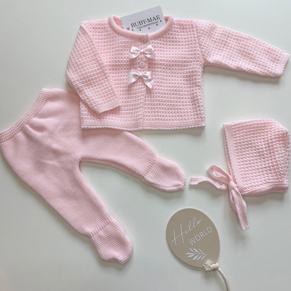Baby Pink Knitted Cardigan & Pants Outfit With Matching Hat - Felicity