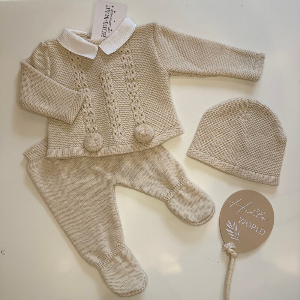 Beige Knitted Pom Pom Knitted Outfit With Matching Hat - Hugo
