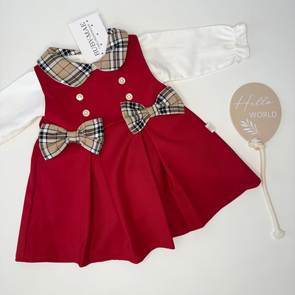 Burgundy With Beige Tartan Bow Dress & Matching Blouse - Sophia
