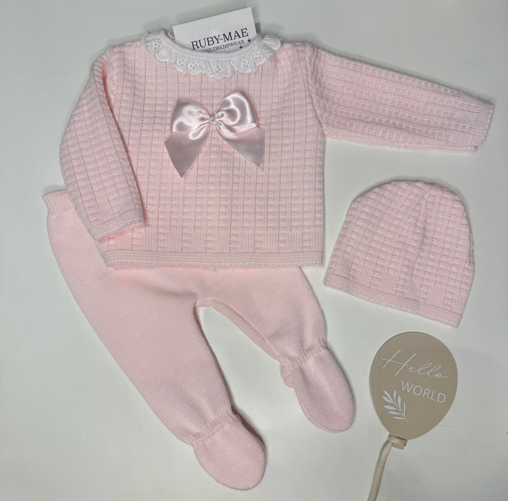 Pink Knitted Bow Jumper & Pants Outfit With Matching Hat - Rosie
