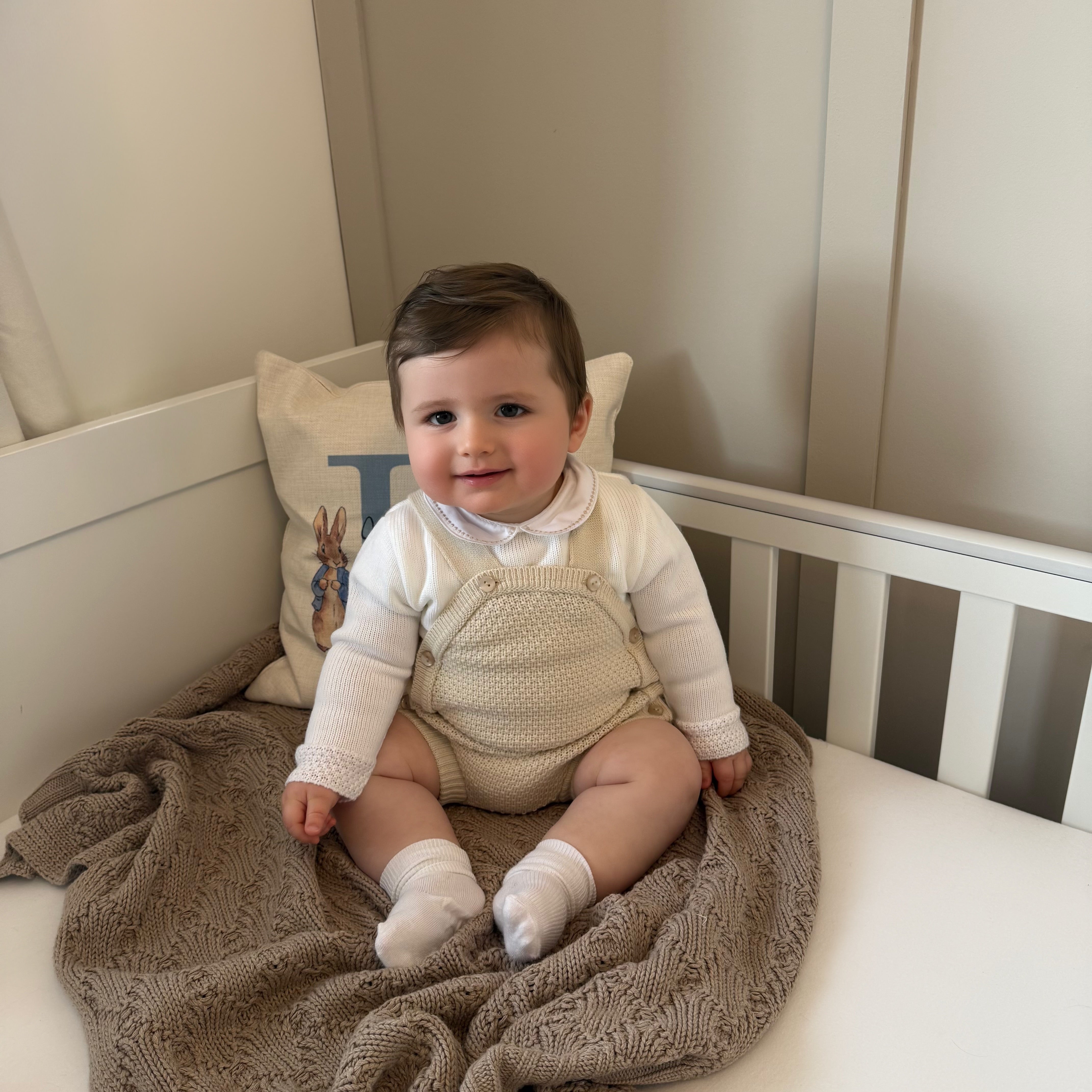 
                  
                    Camel Knitted Romper With Matching White Jumper Outfit - Sammy
                  
                