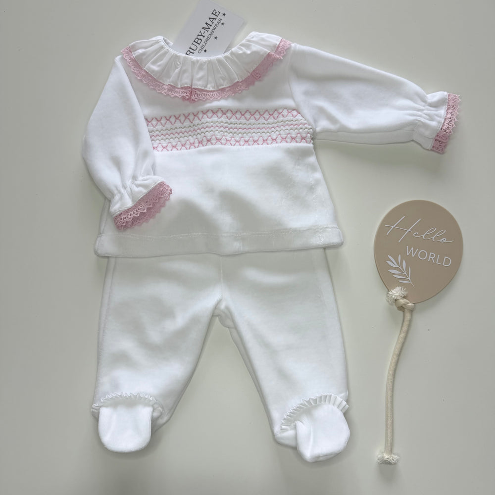 White With Pink Smock Velour Jumper & Pants Outfit - Freya