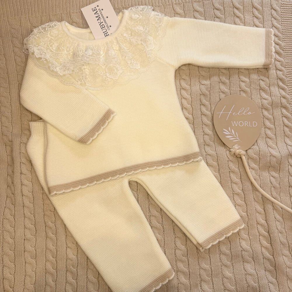 Cream With Camel Lace Knitted Jumper & Pants Outfit - Arabella