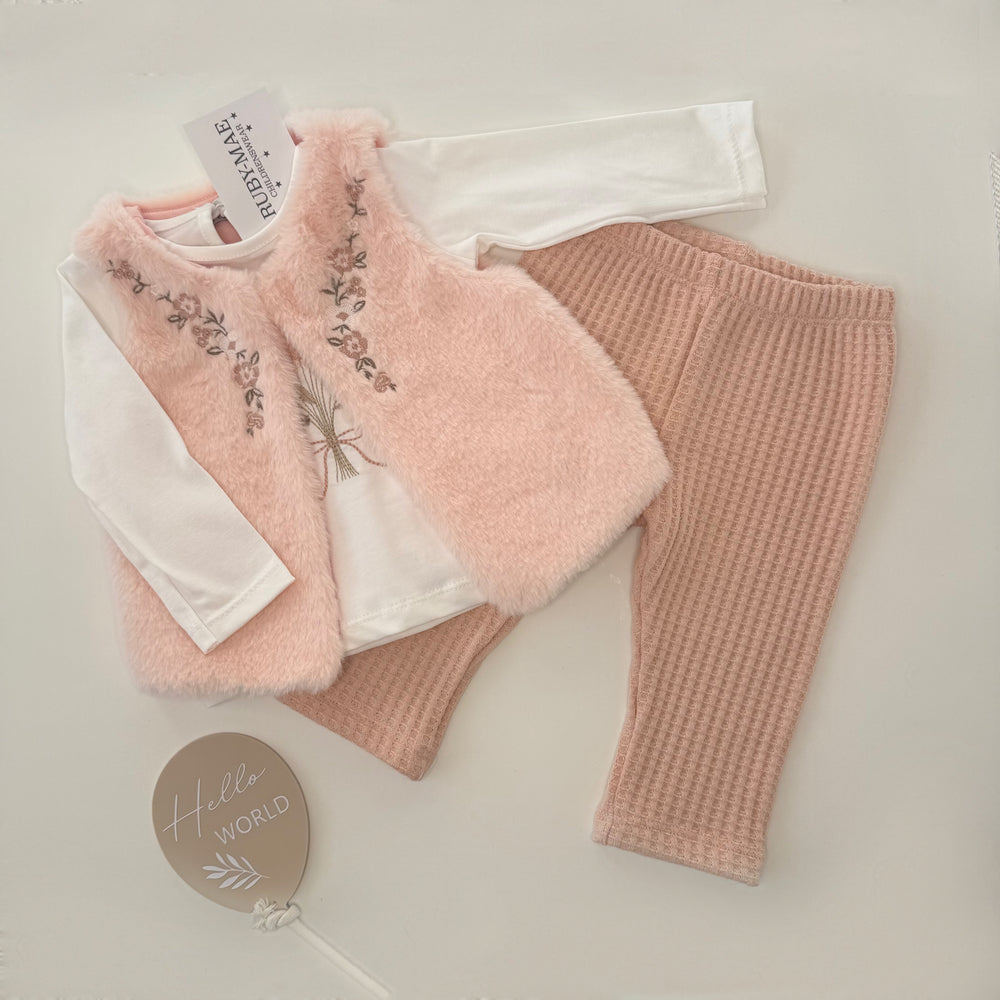 Blush Pink Faux Fur Gillet With Matching Jumper & Pants 3 Piece Outfit - Victoria