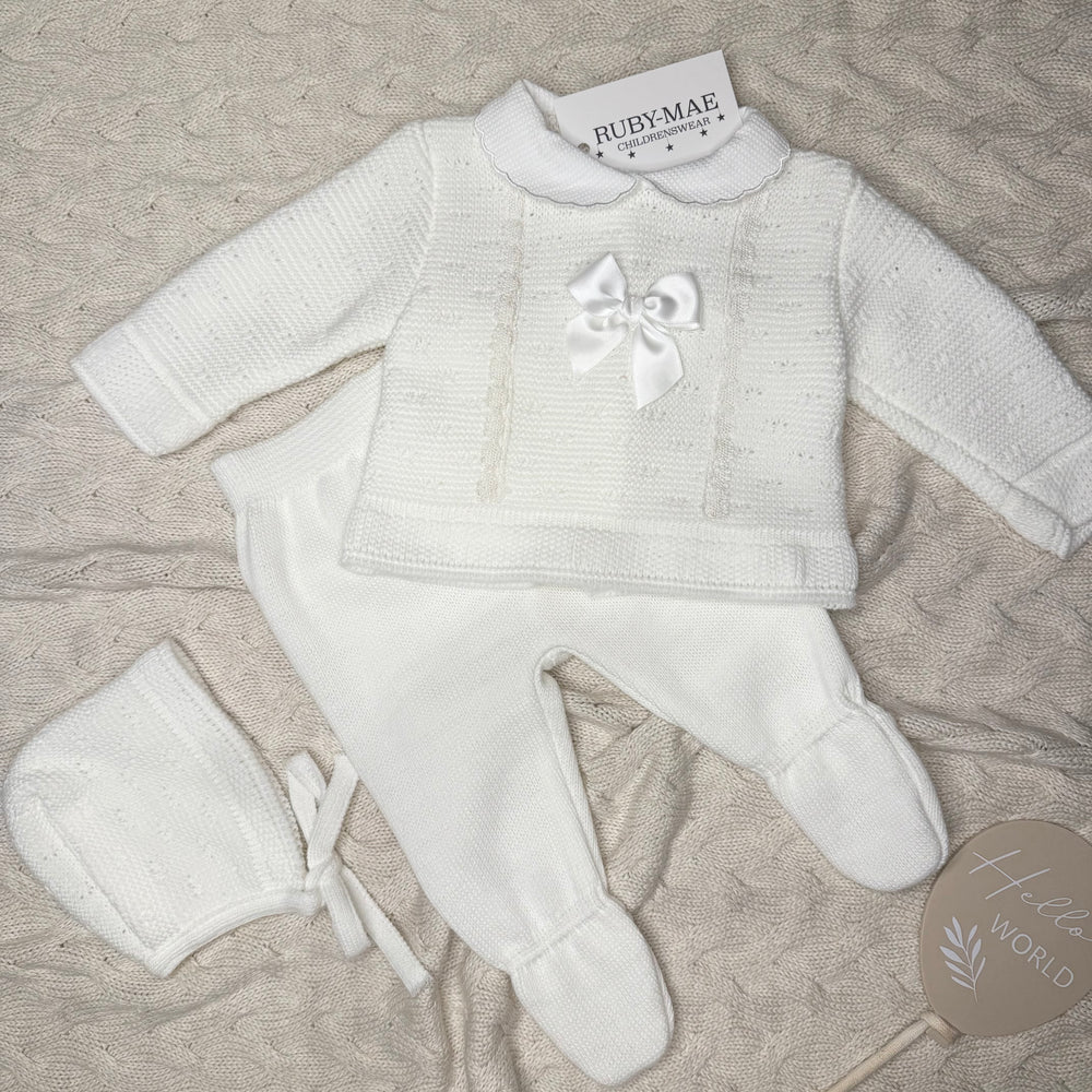 White Knitted Lace Detail Jumper & Pants Outfit With Matching Hat - Evelyn