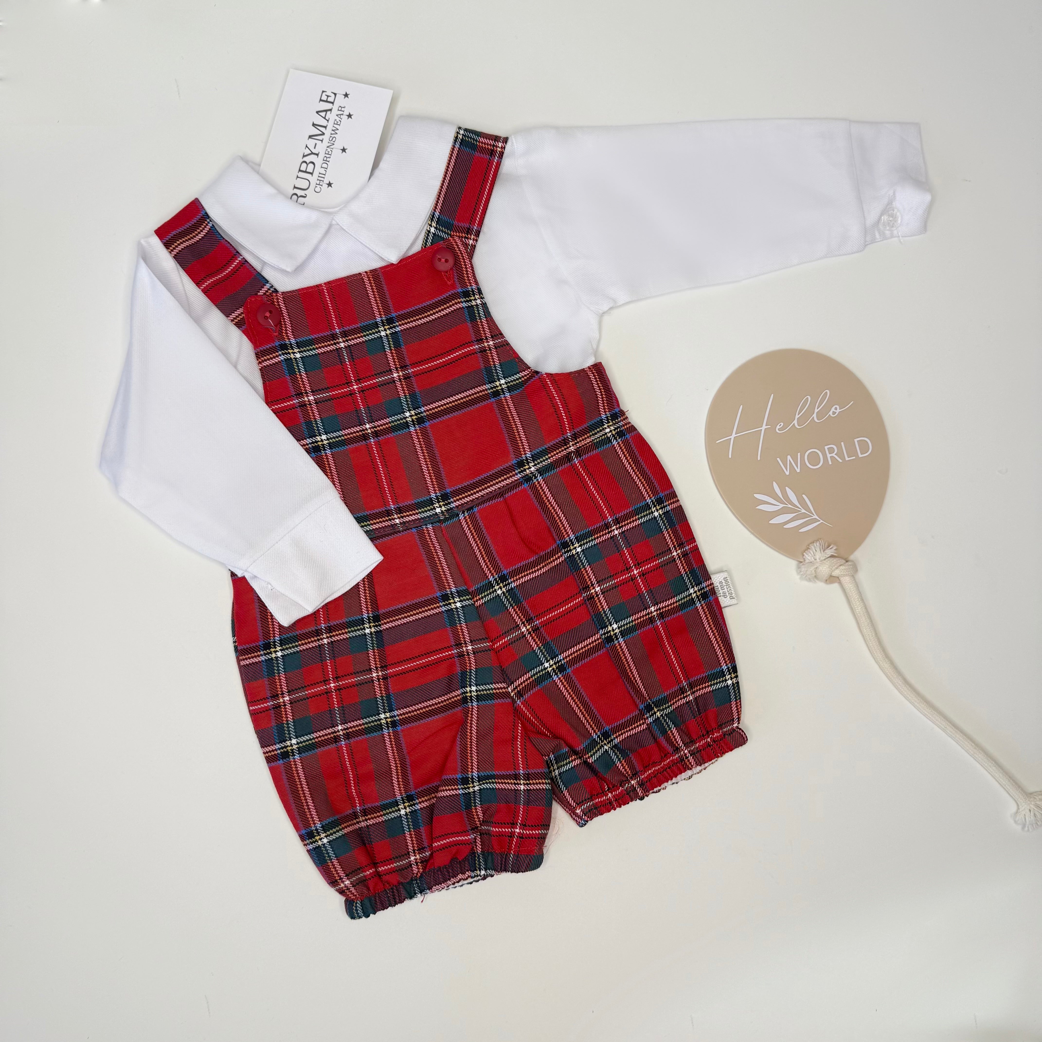 Red Tartan Dungaree Shorts & White Shirt Outfit - Toby