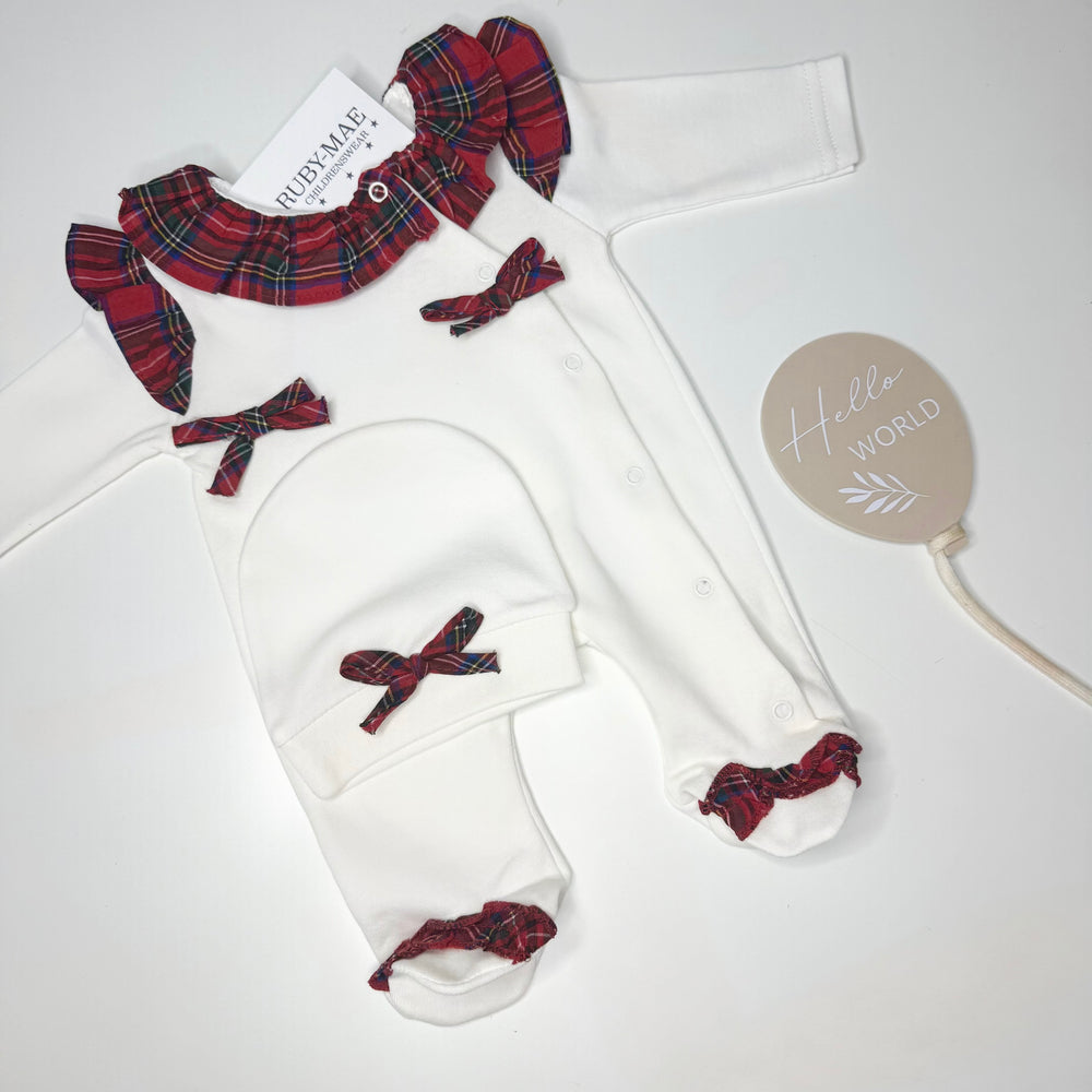 White Bow Tartan Babygrow & Hat- Holly