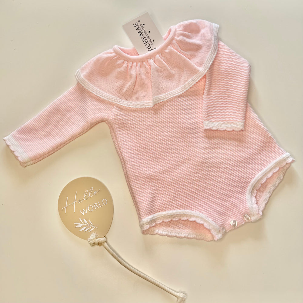 Pink Knitted Frill Neck Romper - Kiera