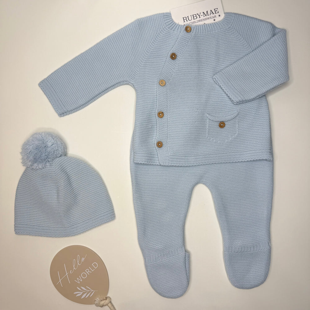 Blue Knitted Button Jumper & Pants With Matching Hat Outfit - Jack