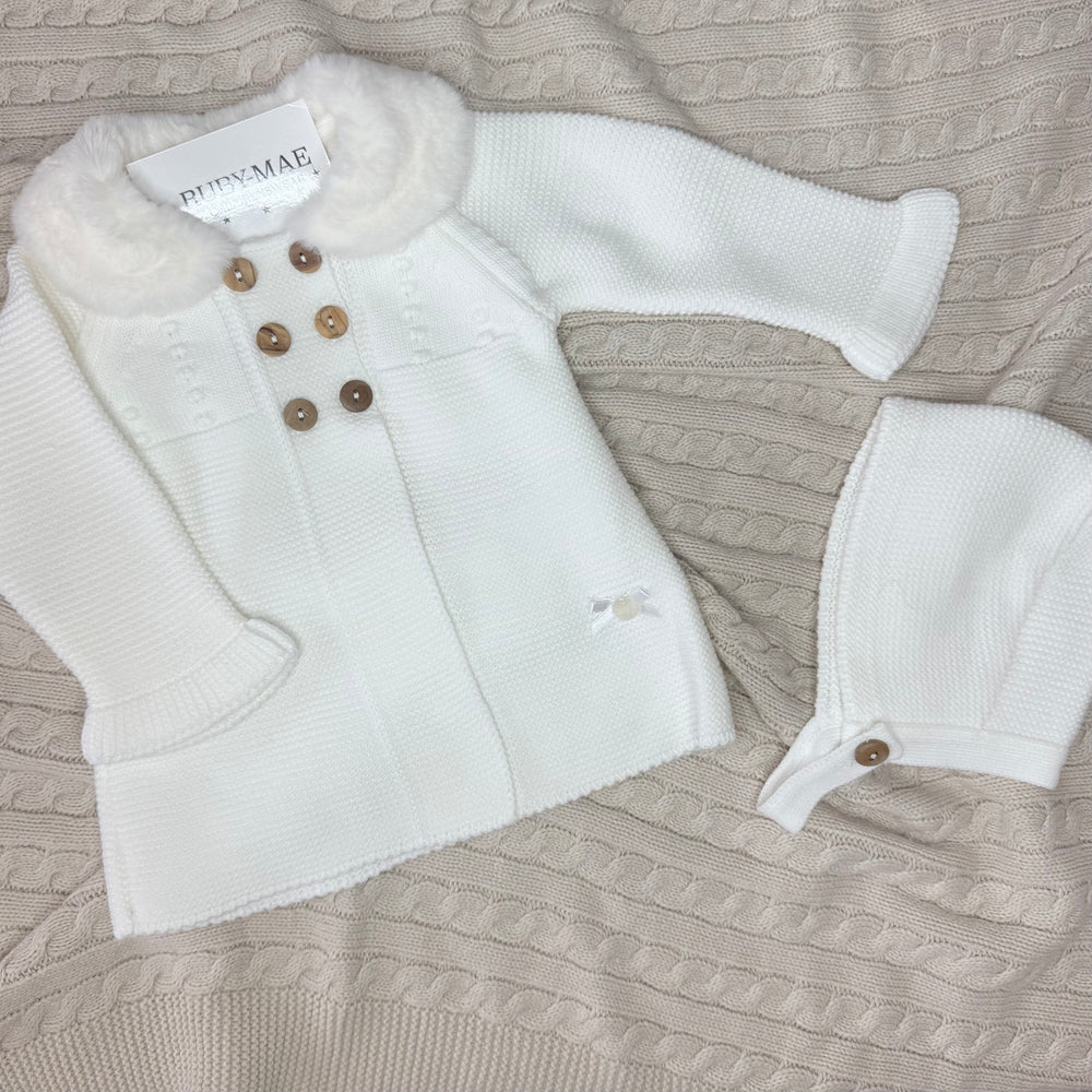 White Knitted Faux Fur Coat With Brown Buttons & Matching Hat - Rebecca