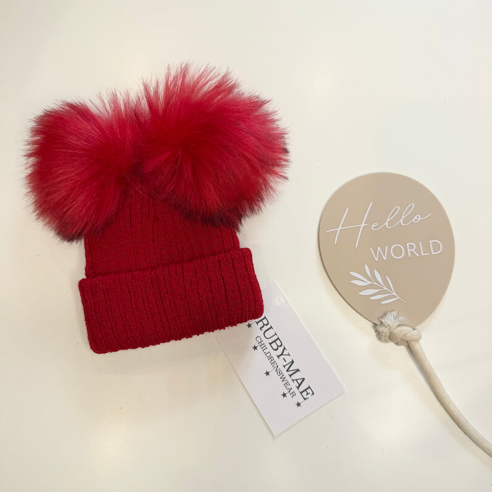 Red Ribbed Knitted Pom Pom Hat