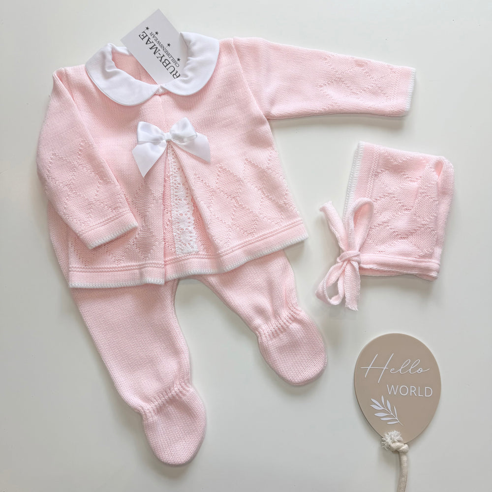 Pink Knitted Bow Pleated Jumper & Pants Outfit With Matching Hat - Pippa