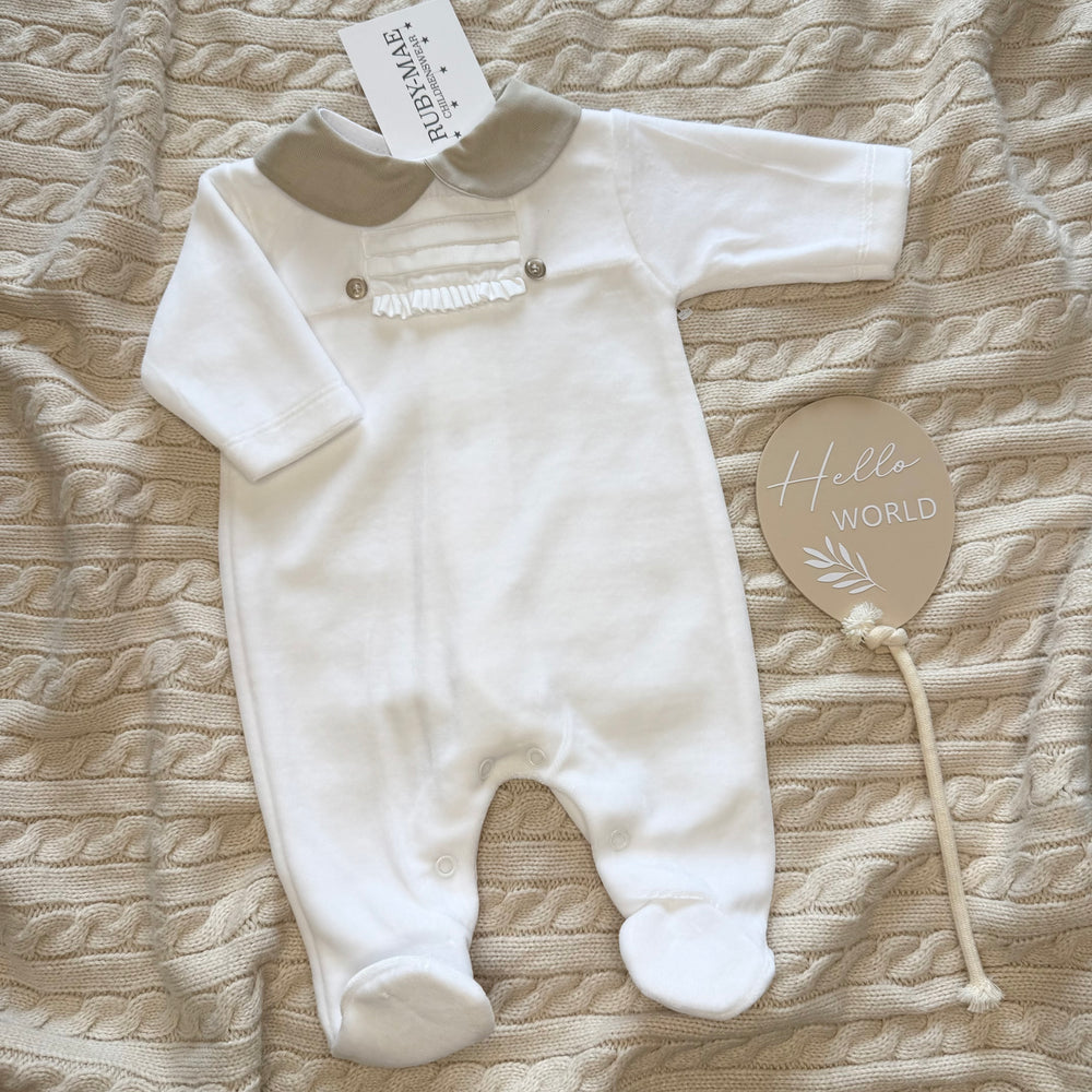 White & Taupe Button Velour Babygrow