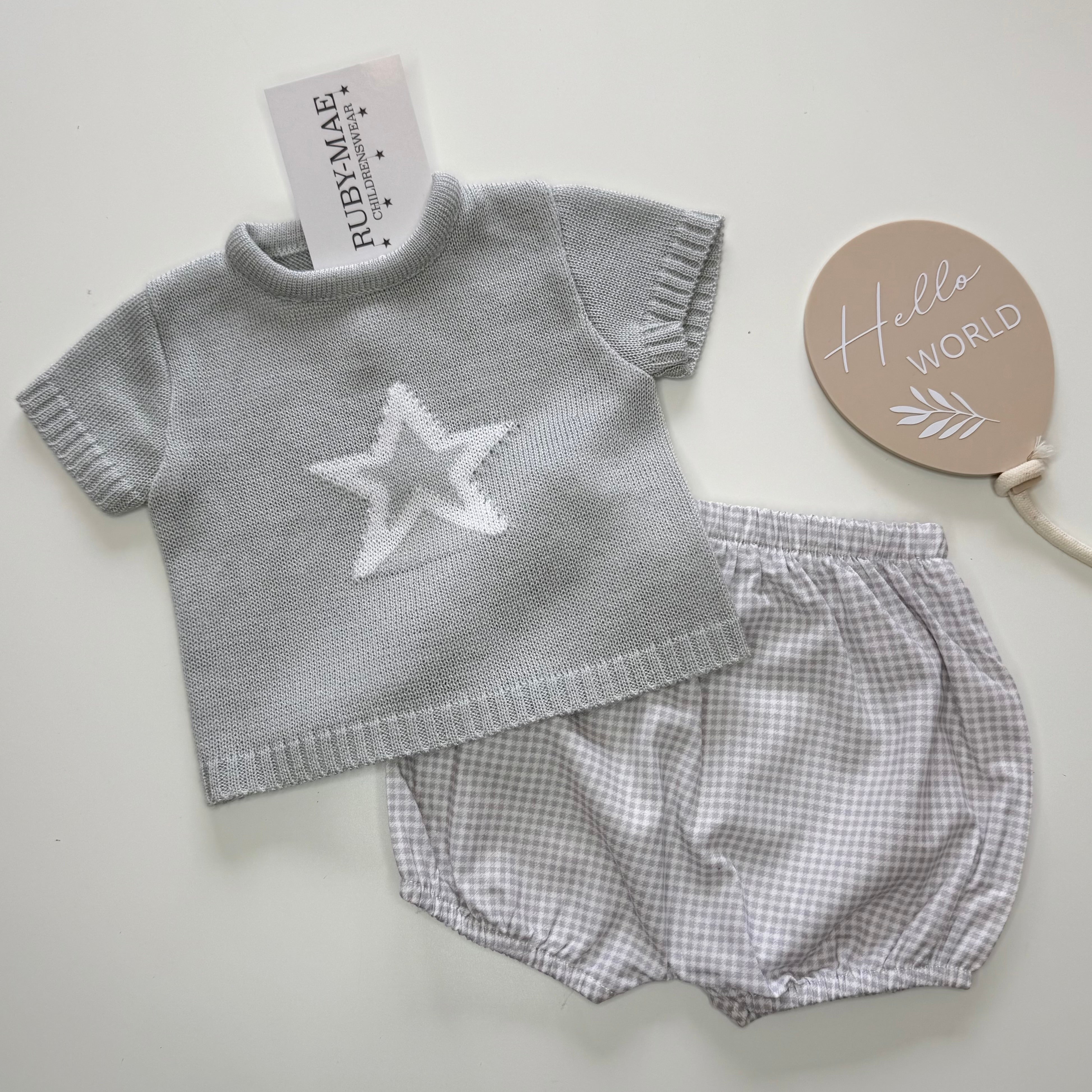 Grey Knitted Star Top & Check Shorts Outfit - Noah