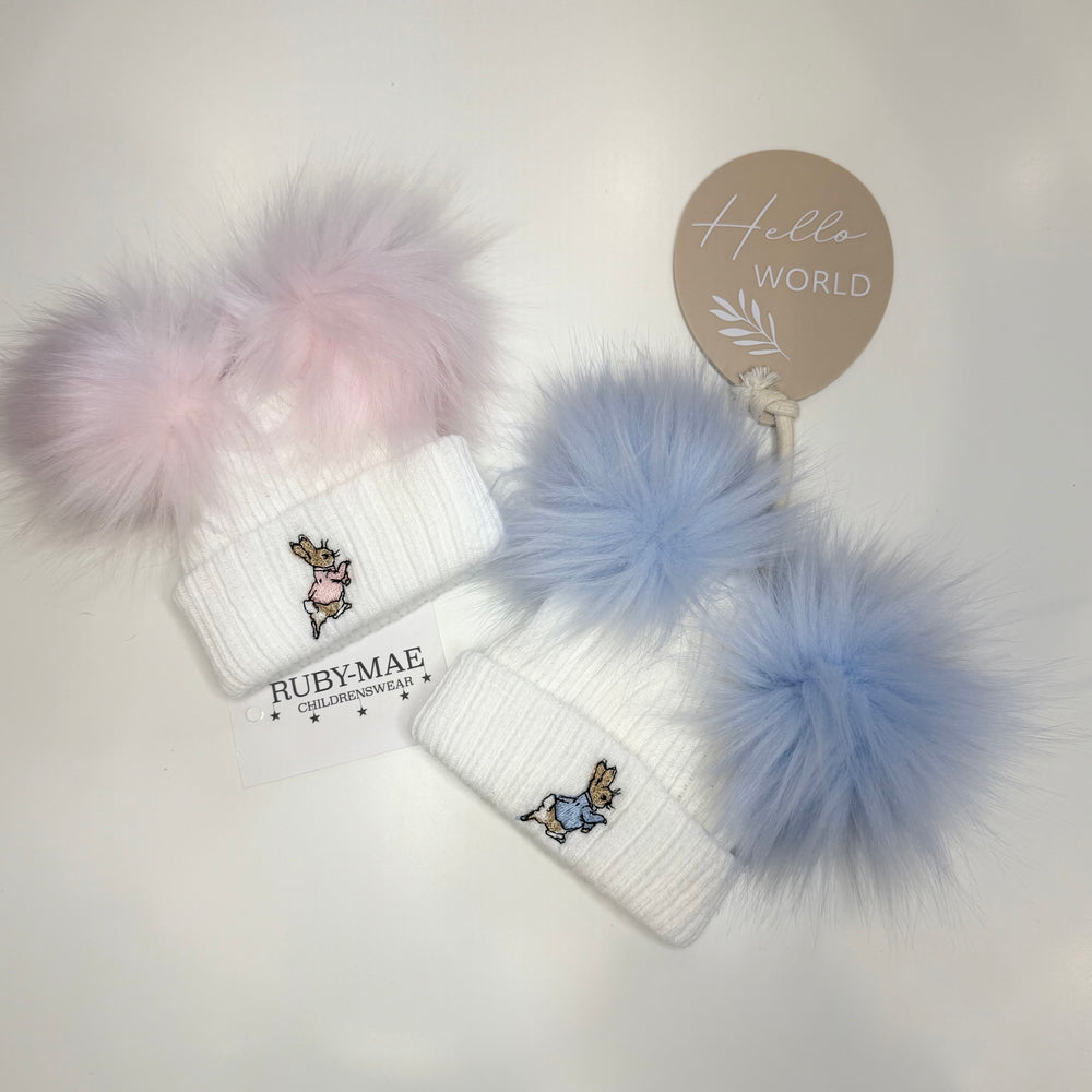 Rabbit Ribbed Faux Fur Pom Pom Hat