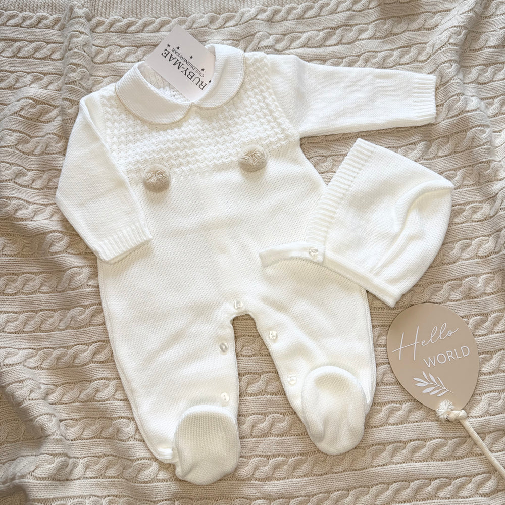 Cream Knitted Camel Pom Pom Knitted Babygrow With Matching Hat - UNISEX