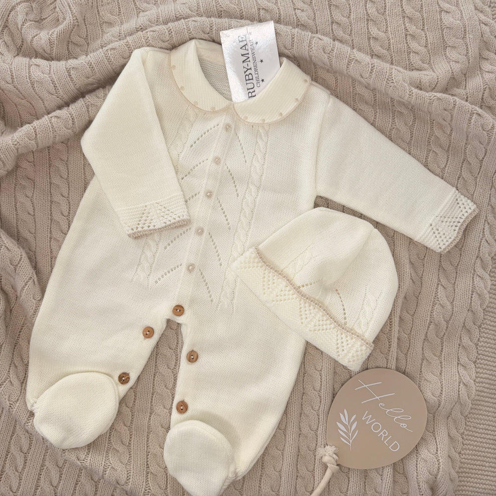 Cream Knitted Camel Detail Knitted Babygrow With Matching Hat - UNISEX