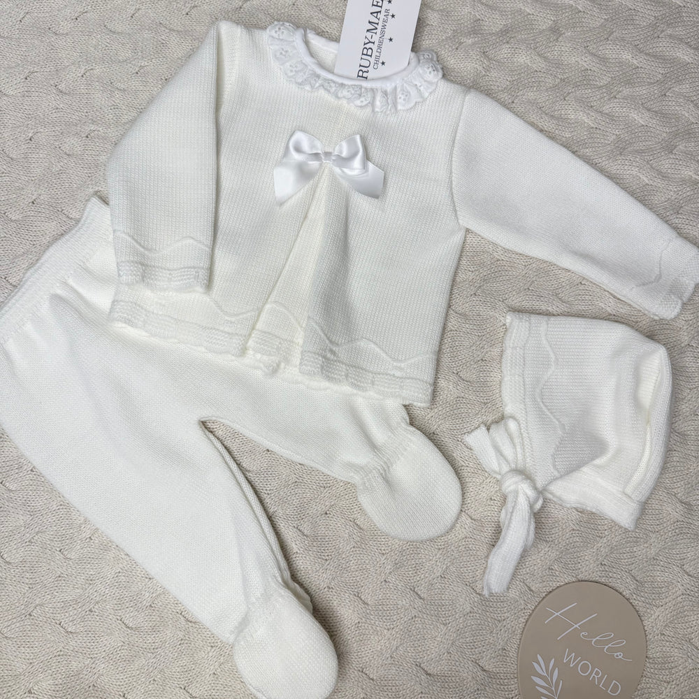 White Knitted Frill Neck Jumper & Pants Outfit With Matching Hat - Tia