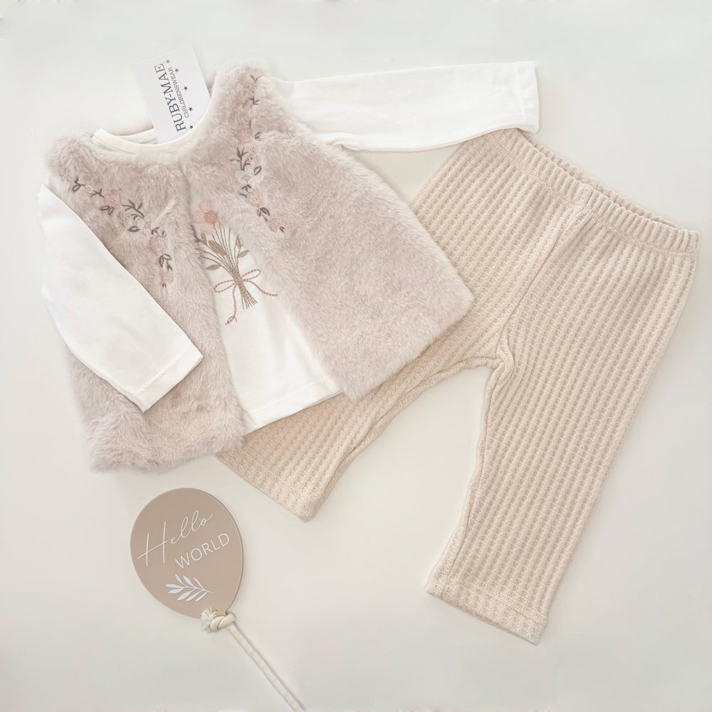 Beige Faux Fur Gillet With Matching Jumper & Pants 3 Piece Outfit - Victoria